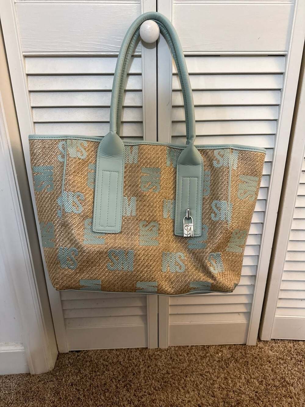 Steve Madden Monogram Straw Raffia Large Tote Bag Mint Blue
